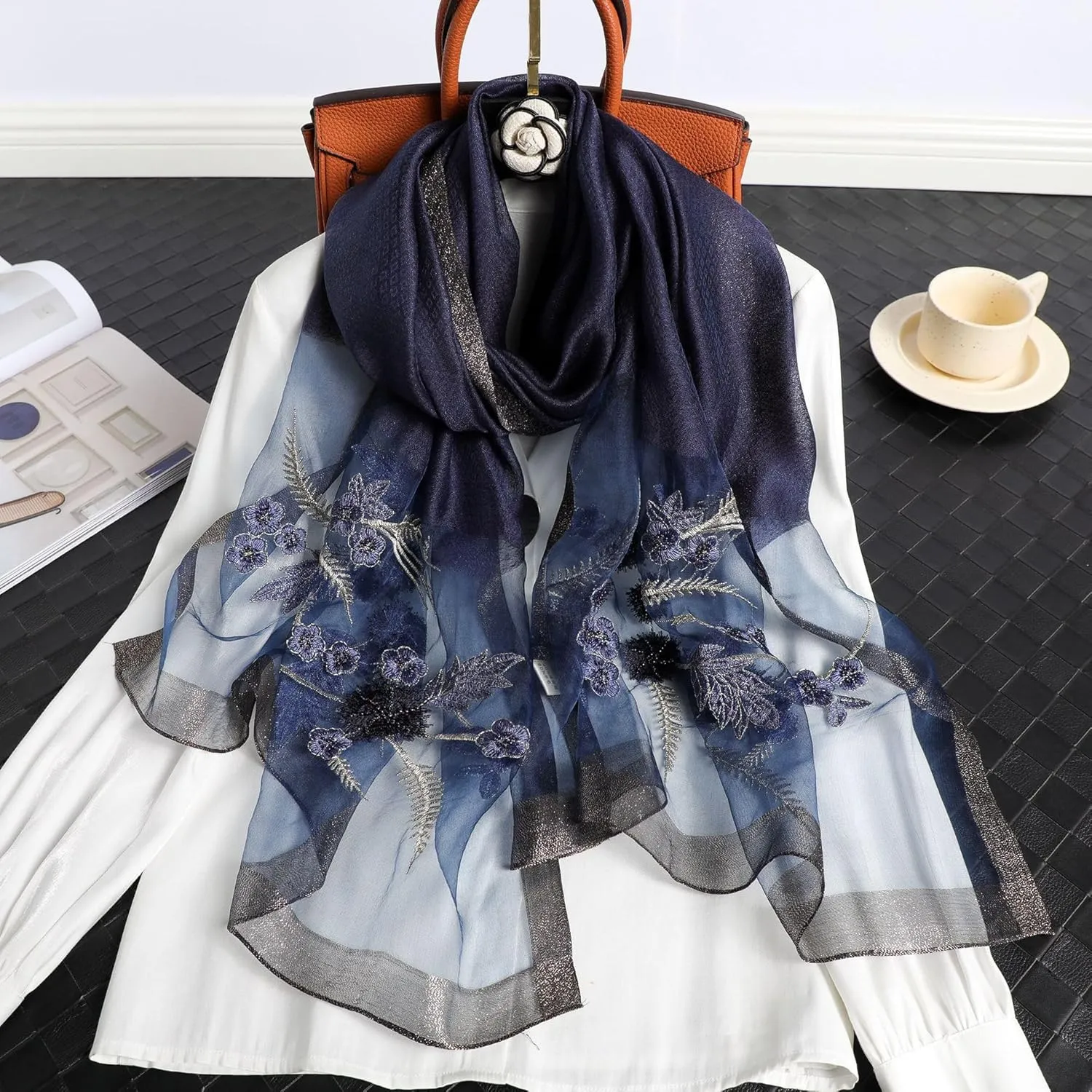 Jeelow Silk Wool Floral Fashion Scarf Shawl Wrap Lightweight Sheer For Women Floral Embroidery Wedding Party Prom