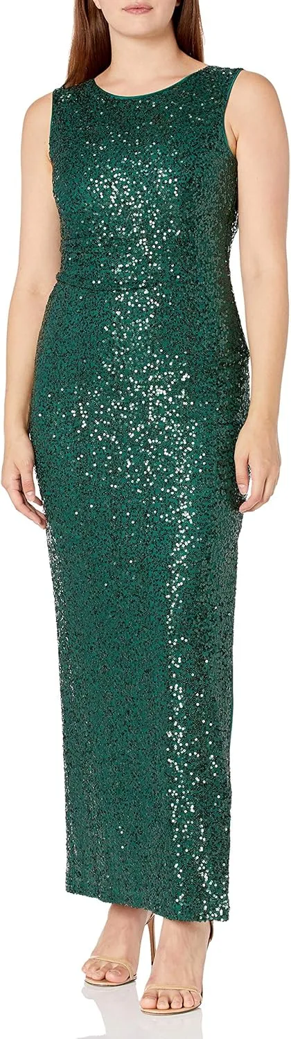 Jessica Howard Women's Extended Shoulder Empire Waist Drape Back Sequin Gown