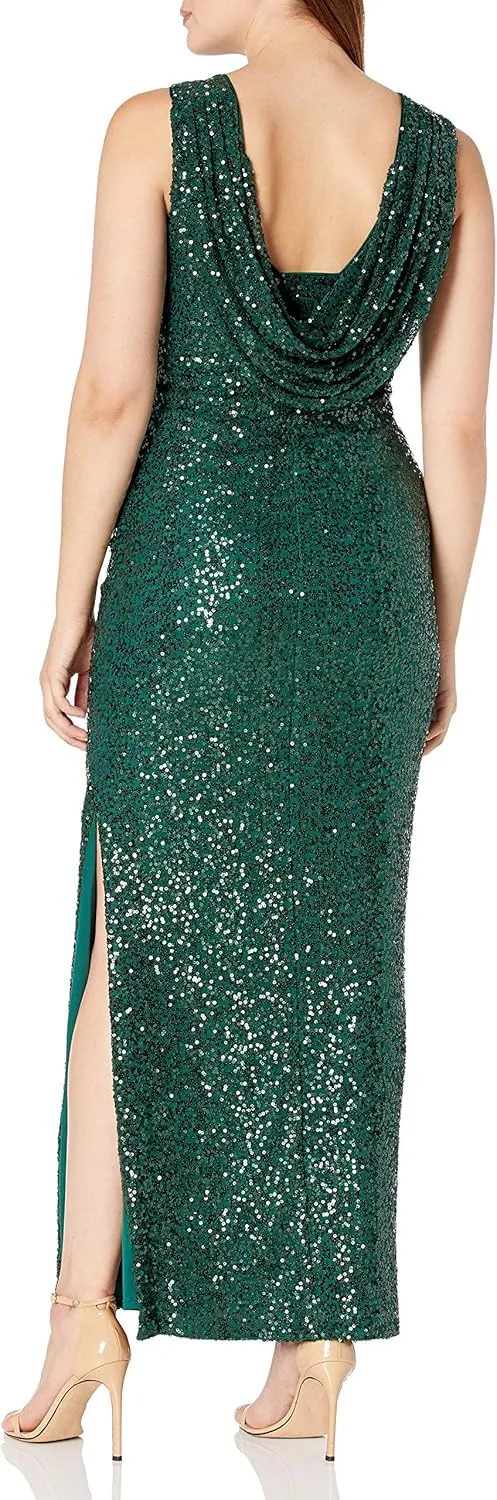 Jessica Howard Women's Extended Shoulder Empire Waist Drape Back Sequin Gown