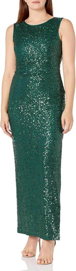 Jessica Howard Women's Extended Shoulder Empire Waist Drape Back Sequin Gown
