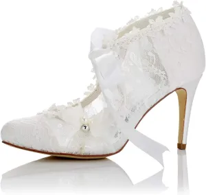 JIAJIA 16798 Women's Bridal Shoes Closed Toe High Heel Lace Satin Pumps Pearl Bowknot Ribbon Tie Wedding Shoes