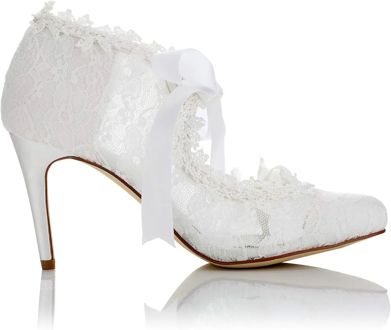 JIAJIA 16798 Women's Bridal Shoes Closed Toe High Heel Lace Satin Pumps Pearl Bowknot Ribbon Tie Wedding Shoes