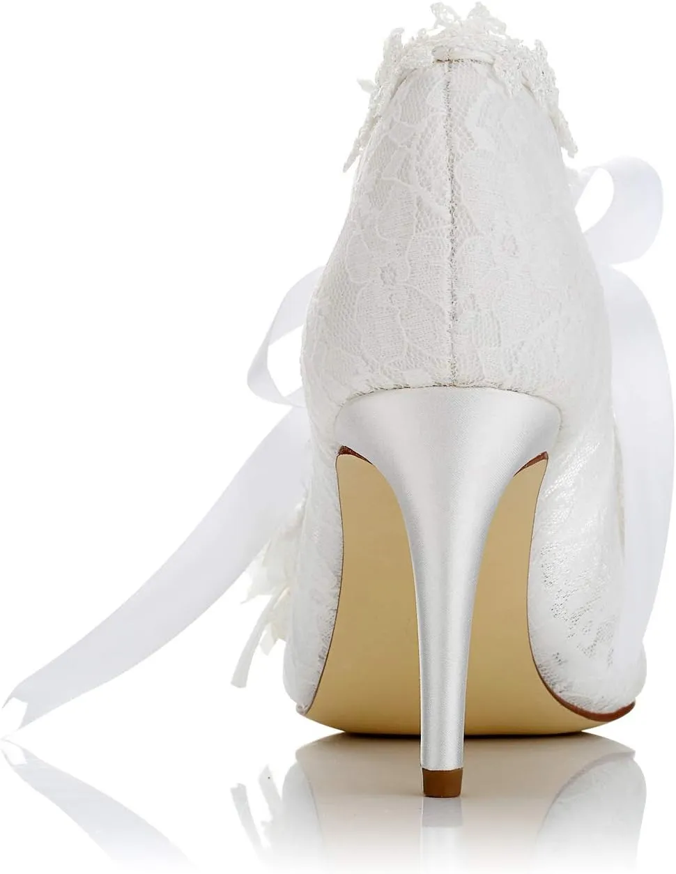 JIAJIA 16798 Women's Bridal Shoes Closed Toe High Heel Lace Satin Pumps Pearl Bowknot Ribbon Tie Wedding Shoes