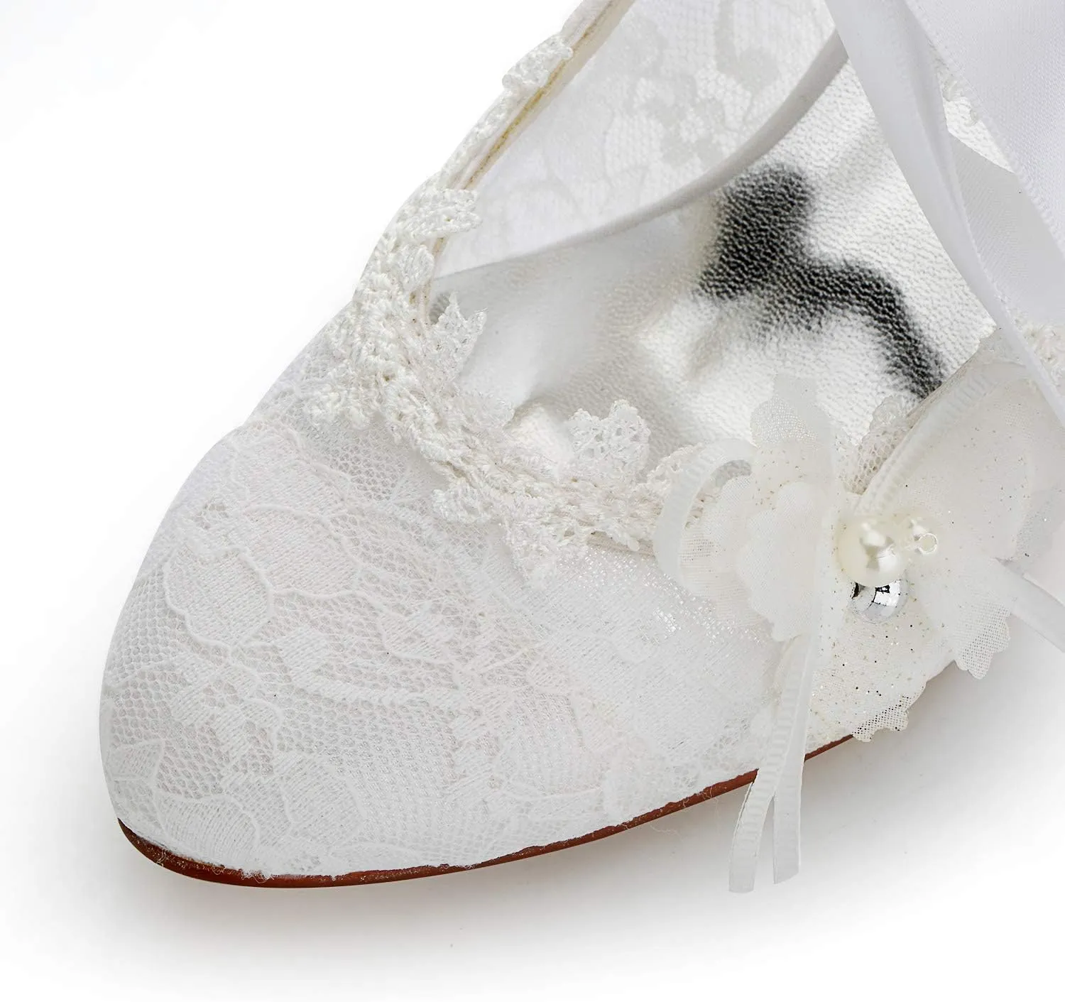 JIAJIA 16798 Women's Bridal Shoes Closed Toe High Heel Lace Satin Pumps Pearl Bowknot Ribbon Tie Wedding Shoes
