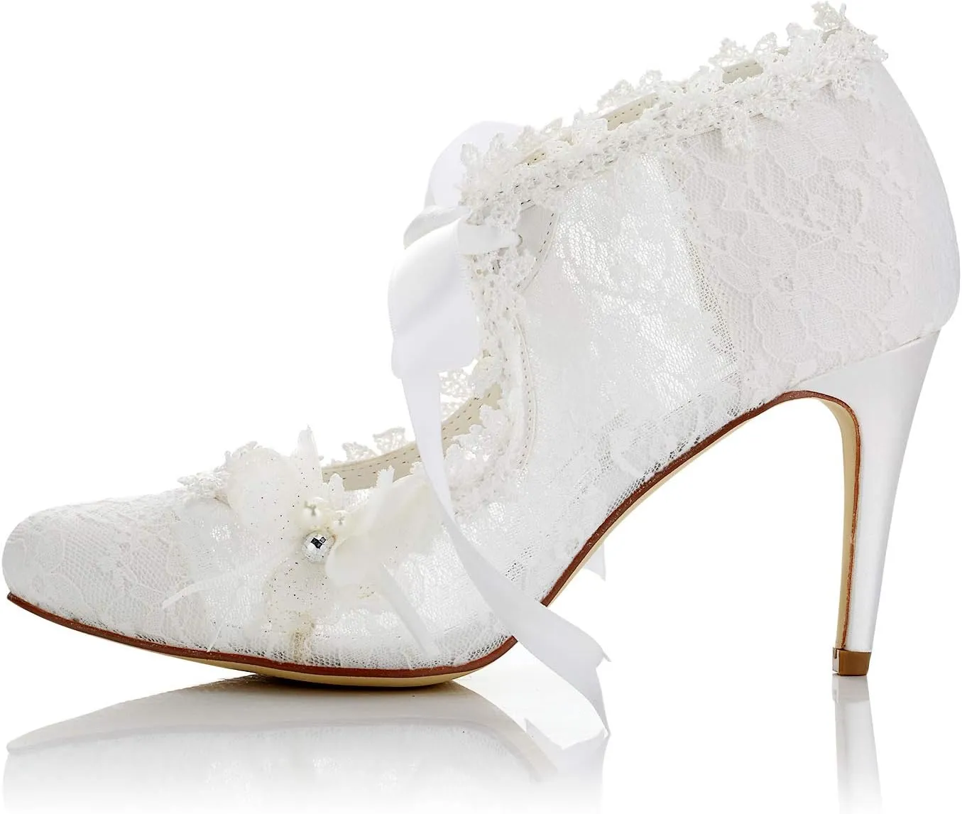 JIAJIA 16798 Women's Bridal Shoes Closed Toe High Heel Lace Satin Pumps Pearl Bowknot Ribbon Tie Wedding Shoes