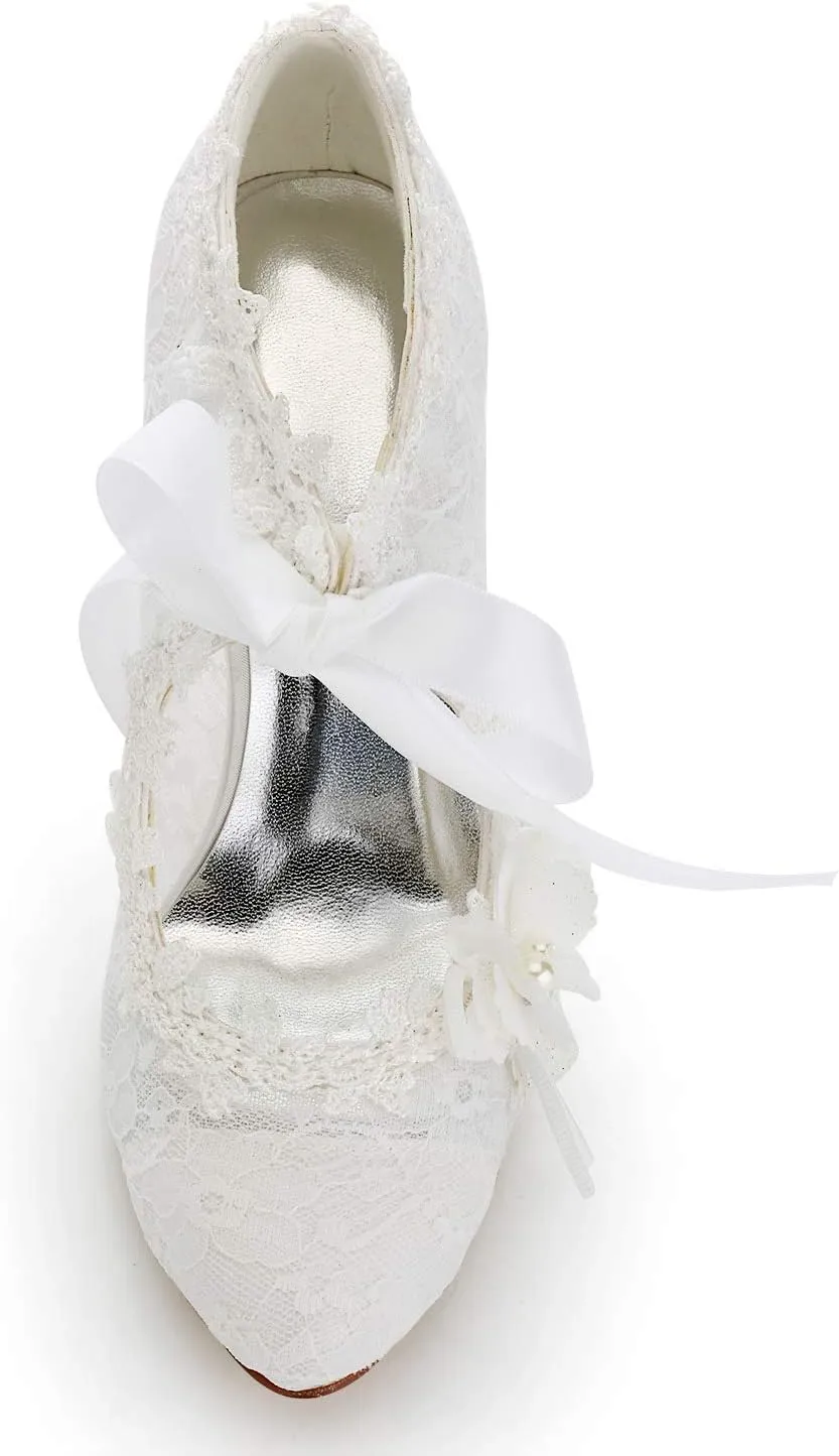 JIAJIA 16798 Women's Bridal Shoes Closed Toe High Heel Lace Satin Pumps Pearl Bowknot Ribbon Tie Wedding Shoes
