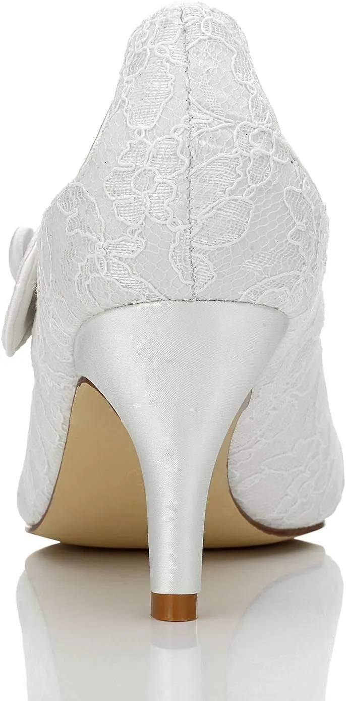 JIAJIA 9897711 Women's Bridal Shoes Closed Toe Mid Heel Lace Satin Pumps Wedding Shoes
