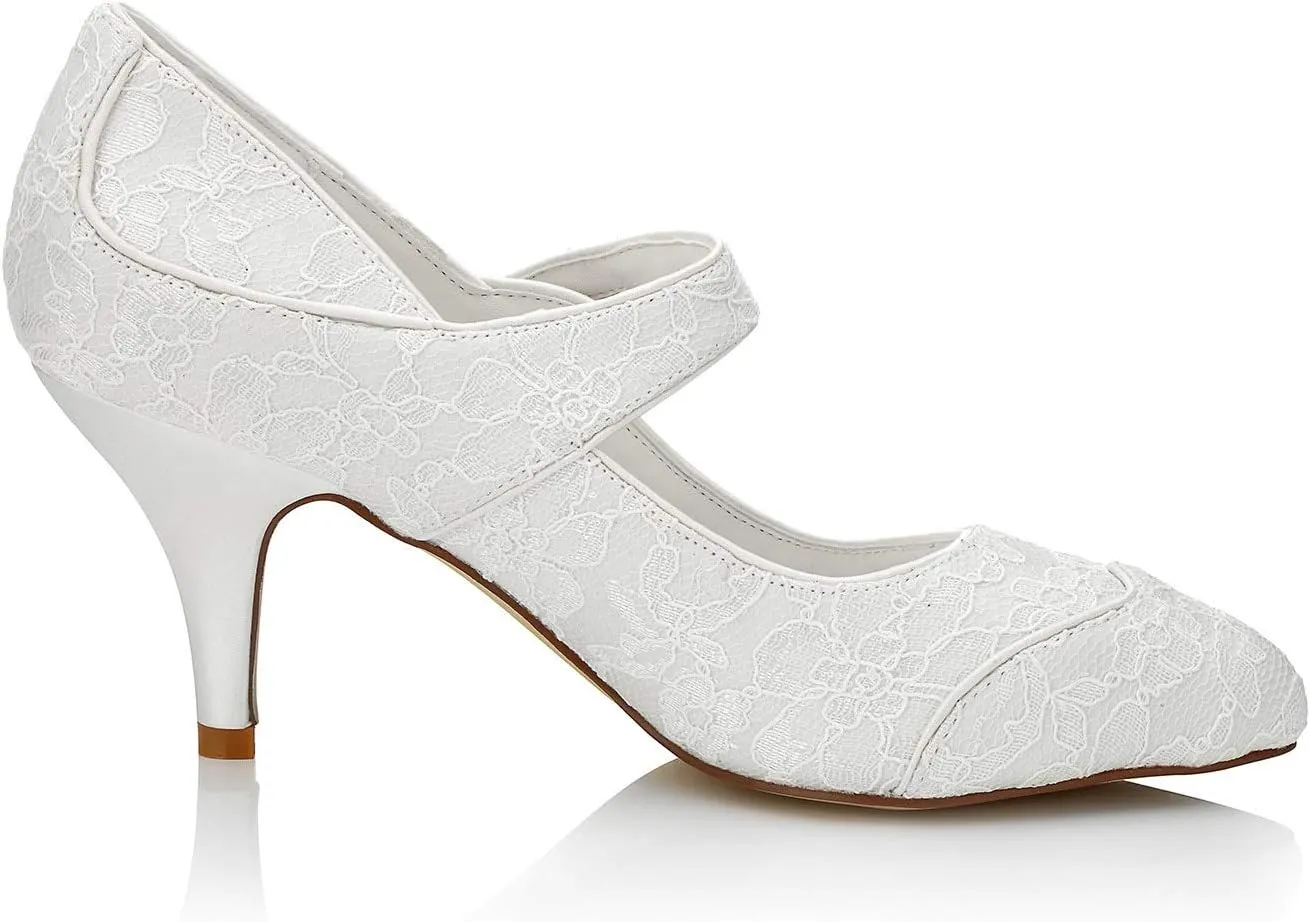 JIAJIA 9897711 Women's Bridal Shoes Closed Toe Mid Heel Lace Satin Pumps Wedding Shoes