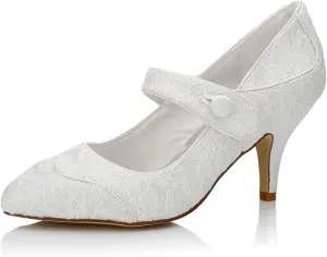 JIAJIA 9897711 Women's Bridal Shoes Closed Toe Mid Heel Lace Satin Pumps Wedding Shoes