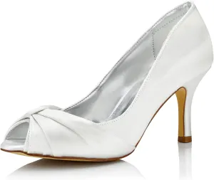 JIAJIA KA31B25 Women's Bridal Shoes Peep Toe Mid Heel Dyeable Satin Pumps Pleats Wedding Shoes