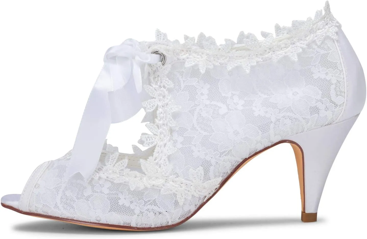 JIAJIA Women's Bridal Shoes 5949419 Peep Toe 2.6" Cone Heel Lace Satin Pumps Ribbon Tie Wedding Shoes