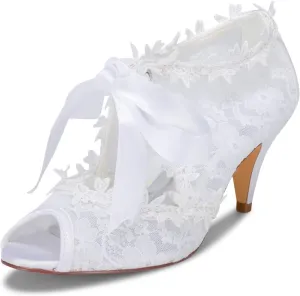JIAJIA Women's Bridal Shoes 5949419 Peep Toe 2.6" Cone Heel Lace Satin Pumps Ribbon Tie Wedding Shoes
