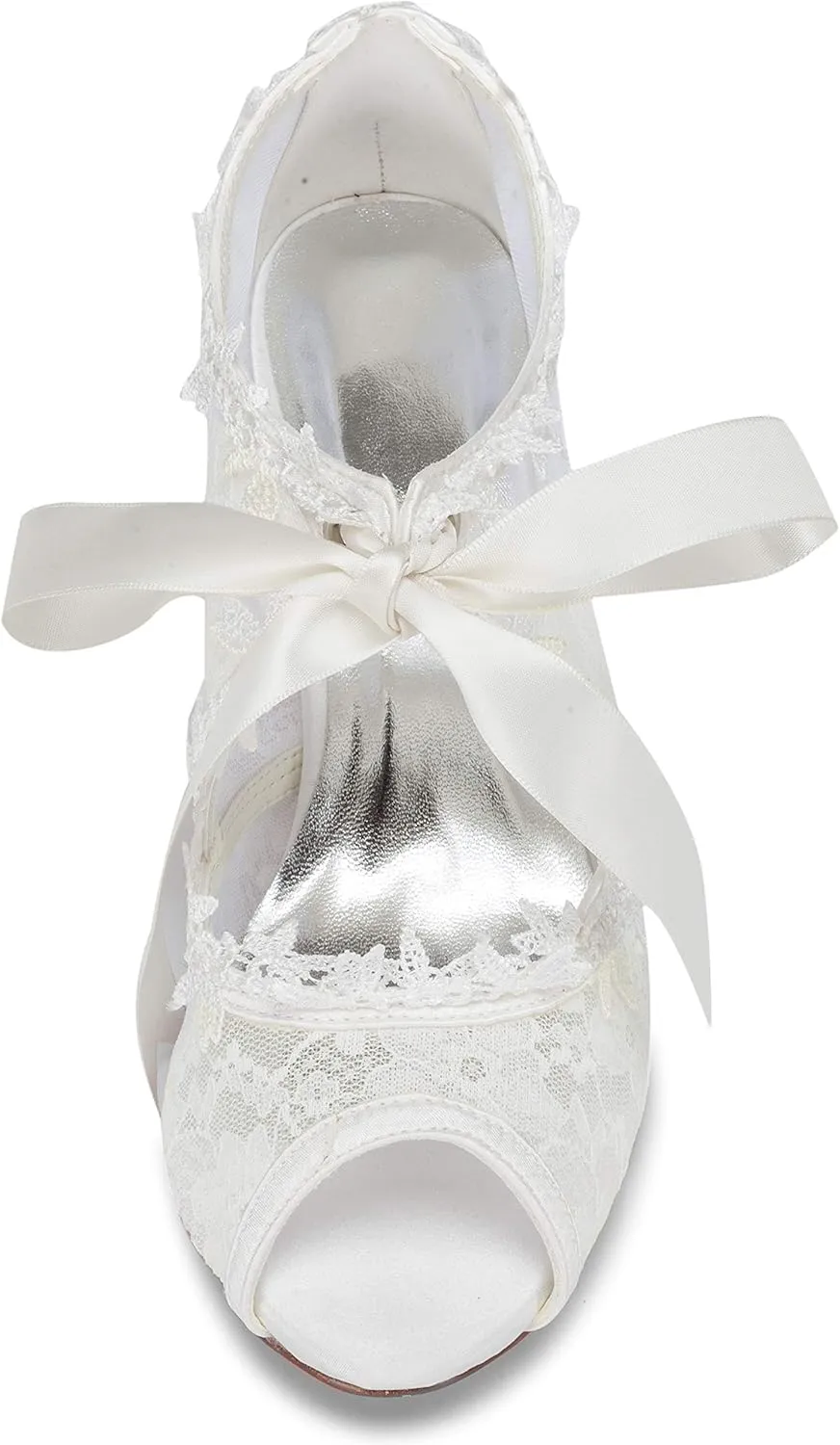 JIAJIA Women's Bridal Shoes 5949419 Peep Toe 2.6" Cone Heel Lace Satin Pumps Ribbon Tie Wedding Shoes