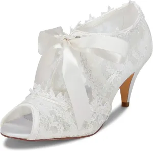 JIAJIA Women's Bridal Shoes 5949419 Peep Toe 2.6" Cone Heel Lace Satin Pumps Ribbon Tie Wedding Shoes