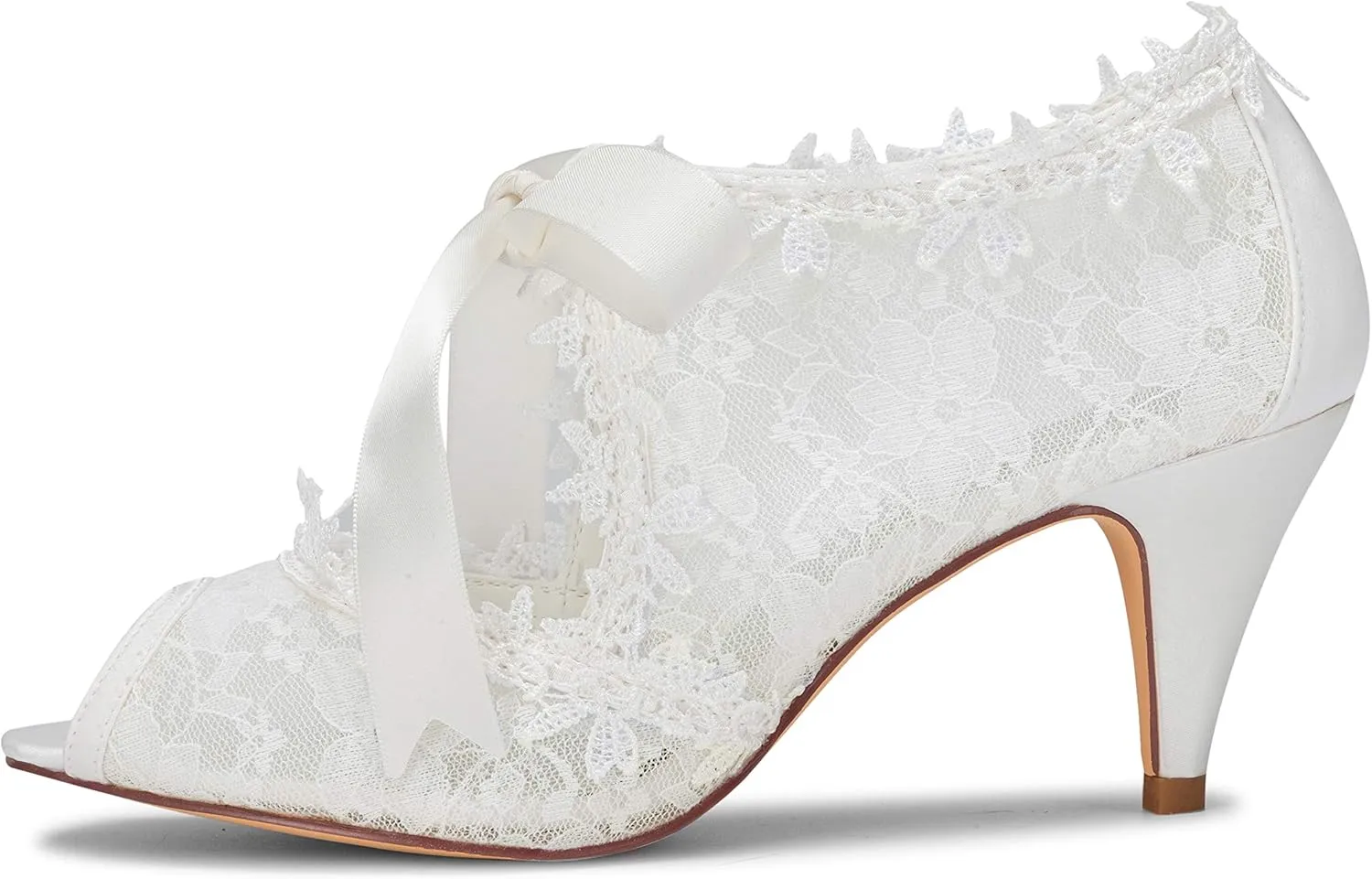 JIAJIA Women's Bridal Shoes 5949419 Peep Toe 2.6" Cone Heel Lace Satin Pumps Ribbon Tie Wedding Shoes