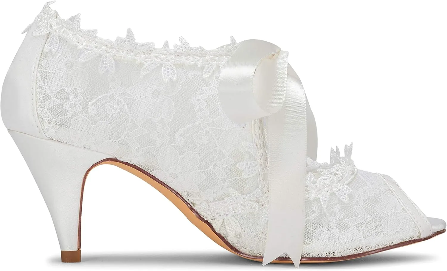 JIAJIA Women's Bridal Shoes 5949419 Peep Toe 2.6" Cone Heel Lace Satin Pumps Ribbon Tie Wedding Shoes
