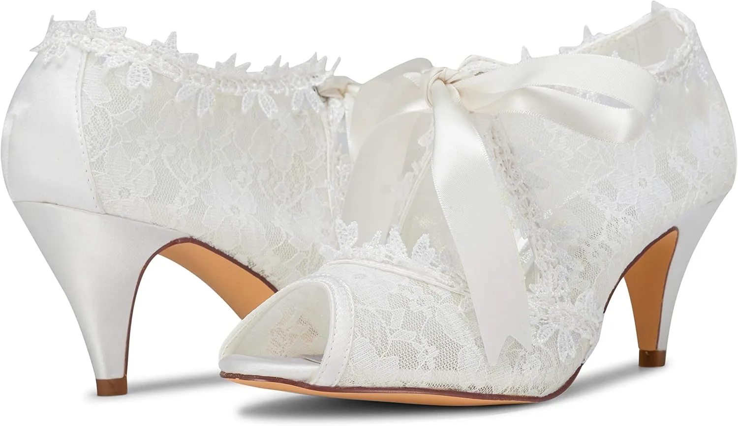 JIAJIA Women's Bridal Shoes 5949419 Peep Toe 2.6" Cone Heel Lace Satin Pumps Ribbon Tie Wedding Shoes