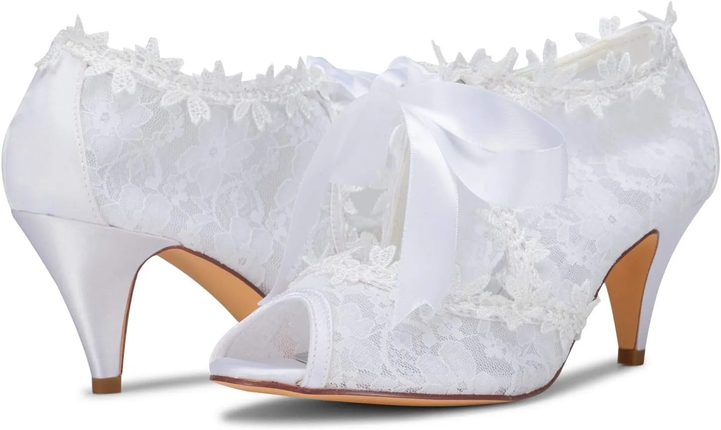 JIAJIA Women's Bridal Shoes 5949419 Peep Toe 2.6" Cone Heel Lace Satin Pumps Ribbon Tie Wedding Shoes