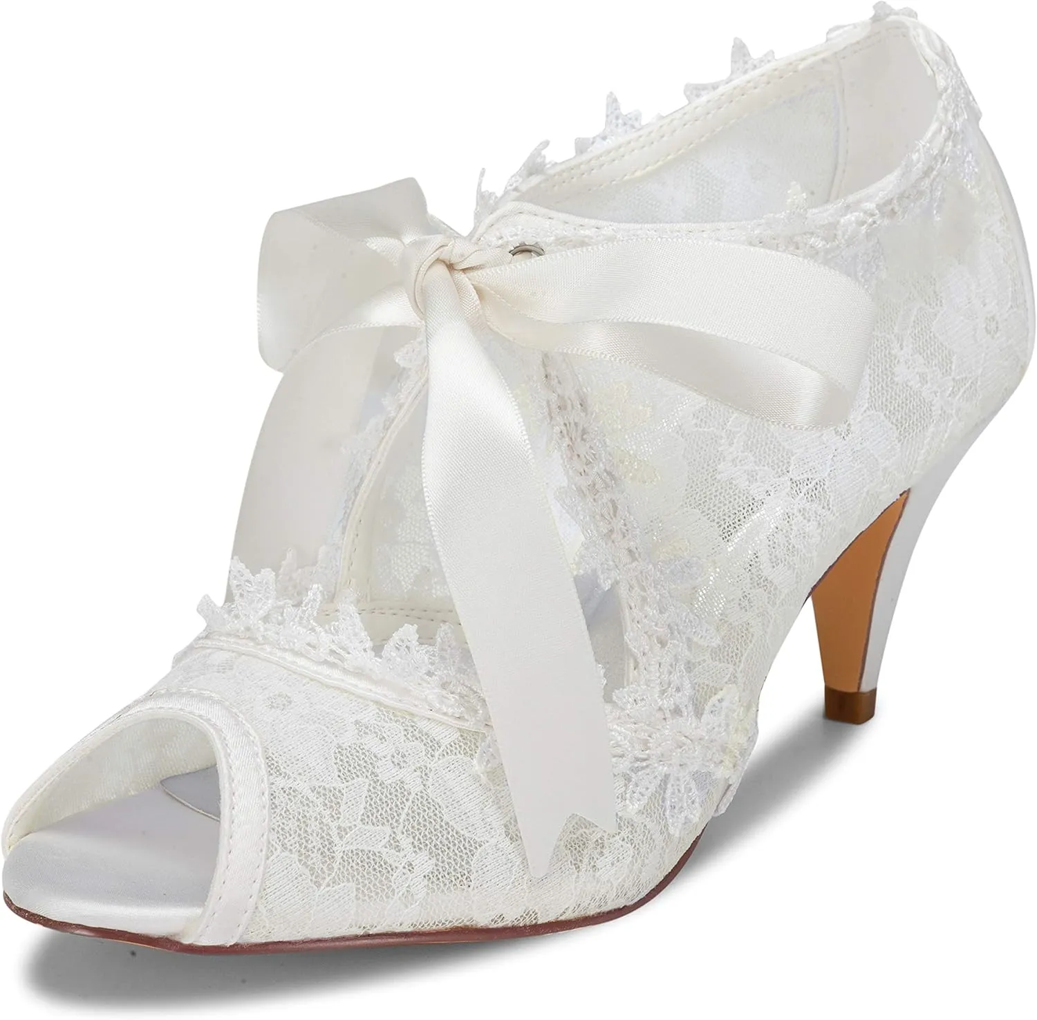 JIAJIA Women's Bridal Shoes 5949419 Peep Toe 2.6" Cone Heel Lace Satin Pumps Ribbon Tie Wedding Shoes