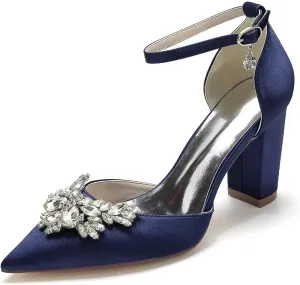 JOEupin Women's Crystal Block Heel Sandals Ankle Strap Bridal Wedding Dress Shoes High Heel Evening Pump Sandals