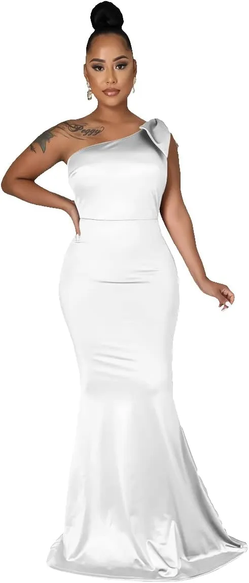 JTNFairy Women's Sexy Ruffle Sleeveless One Shoulder Bodycon Dresses Classy Pencil Curvy Party Evening Long Formal Dress