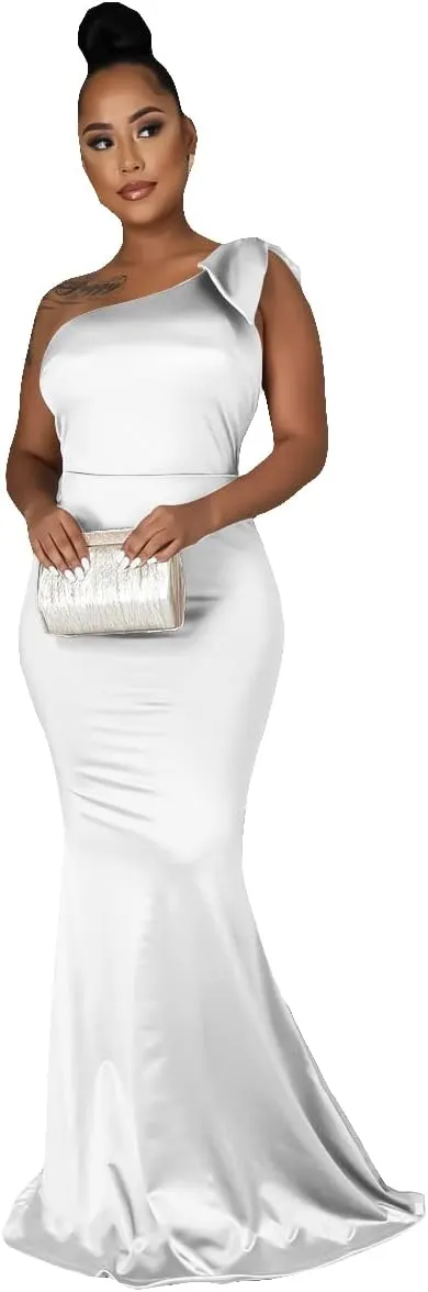 JTNFairy Women's Sexy Ruffle Sleeveless One Shoulder Bodycon Dresses Classy Pencil Curvy Party Evening Long Formal Dress
