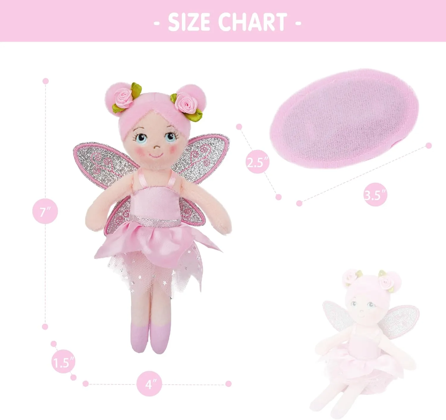 June Garden 7" Elara The Sholder Companion Fairy - Magical Shoulder Riding Plush Doll with Glitter Wings and Flower Hair Decorations - Pink