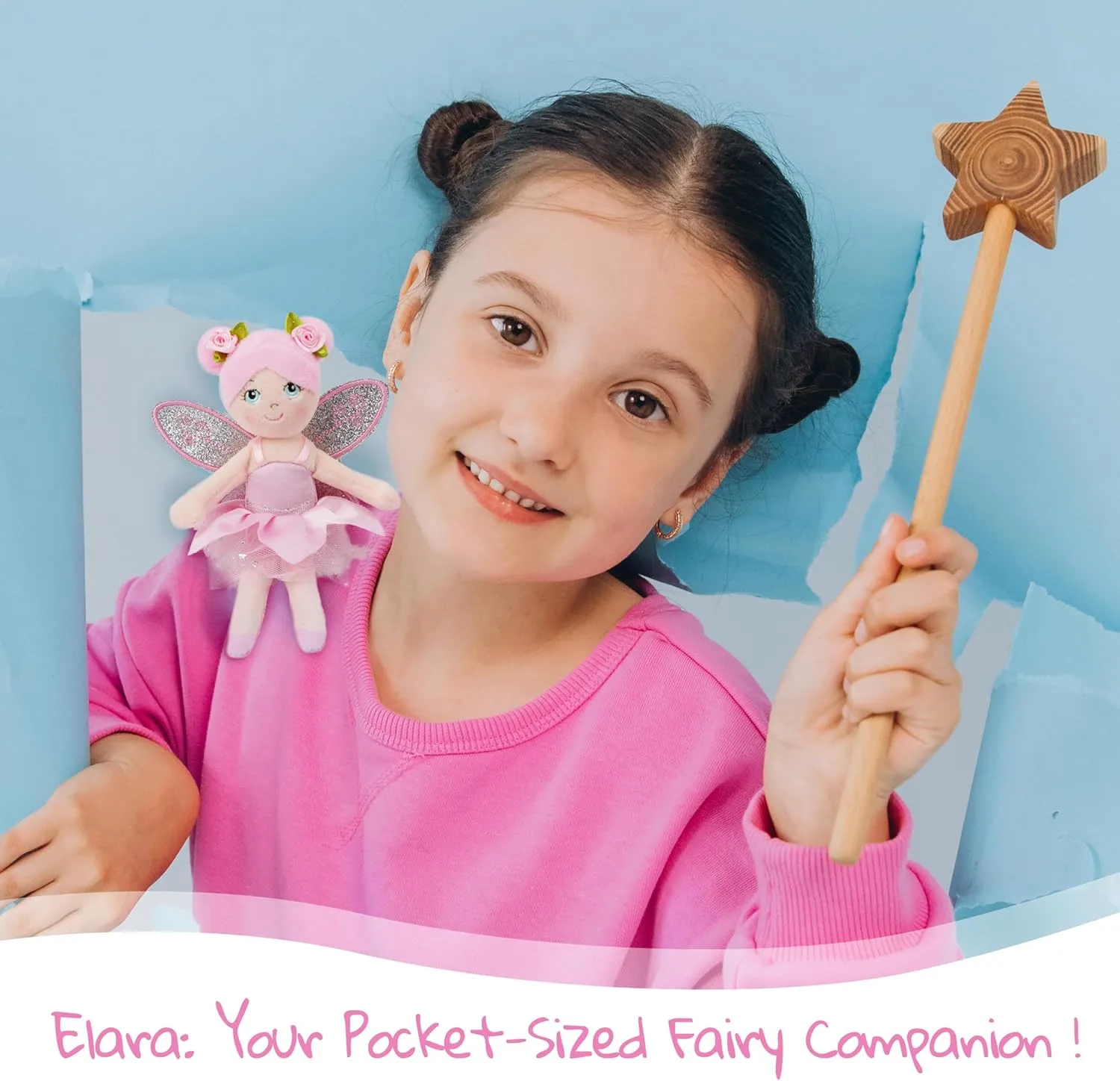 June Garden 7" Elara The Sholder Companion Fairy - Magical Shoulder Riding Plush Doll with Glitter Wings and Flower Hair Decorations - Pink