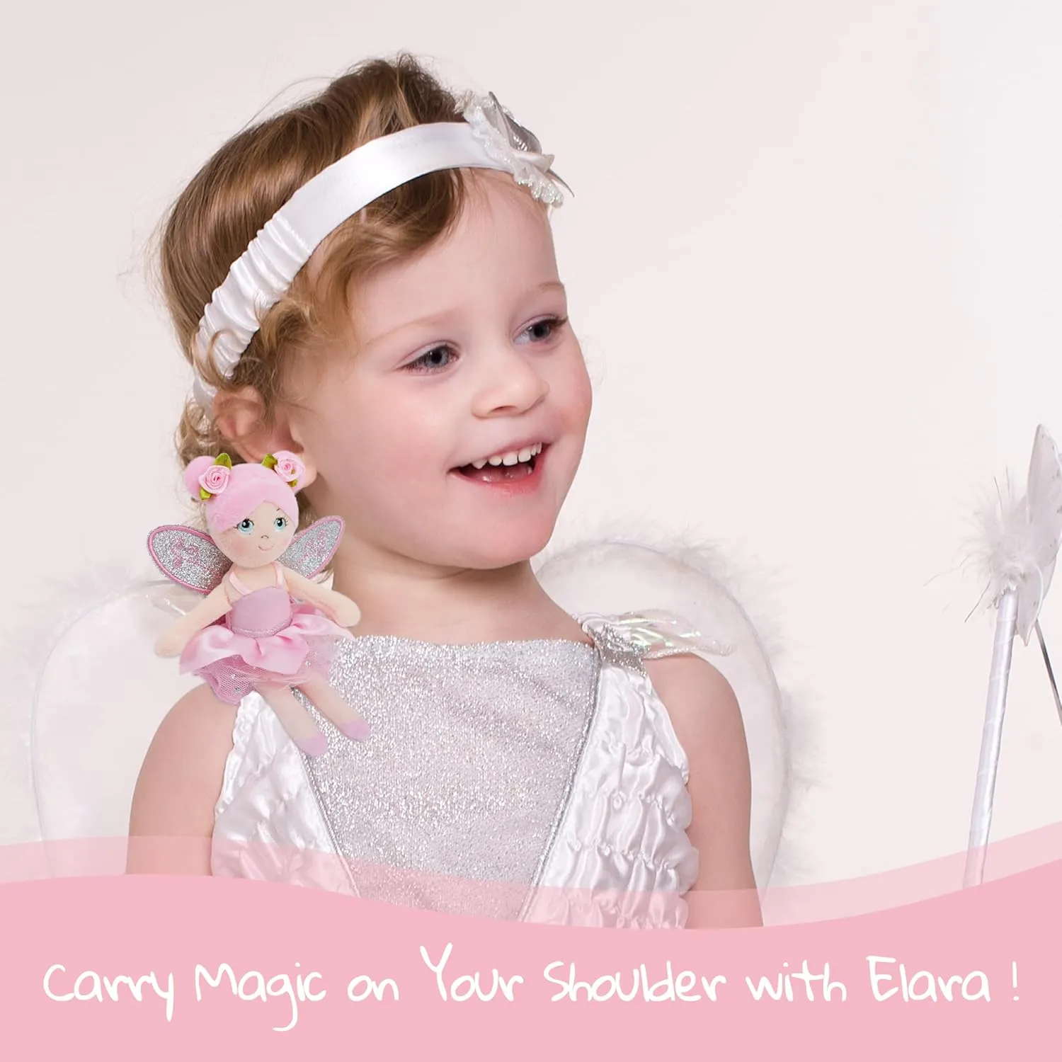 June Garden 7" Elara The Sholder Companion Fairy - Magical Shoulder Riding Plush Doll with Glitter Wings and Flower Hair Decorations - Pink