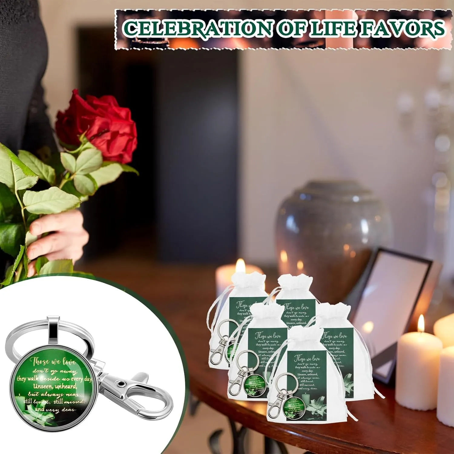 Junkin Funeral Favors for Guest Including Remember Keychain Prayer Cards Organza Bags for Memorial Celebration of Life (Dark Green,48 Sets)
