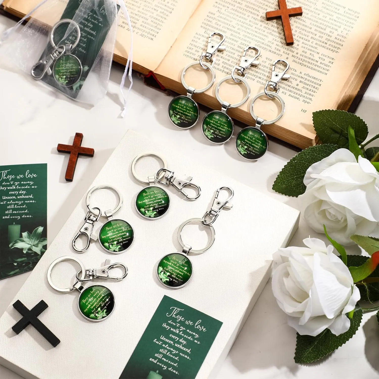 Junkin Funeral Favors for Guest Including Remember Keychain Prayer Cards Organza Bags for Memorial Celebration of Life (Dark Green,48 Sets)