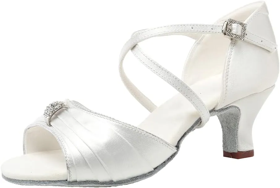 JUODVMP Latin Ballroom Dance Shoes Women Professional Dancing Heels Practice Heels 2inch,Model3037,White 8.5US