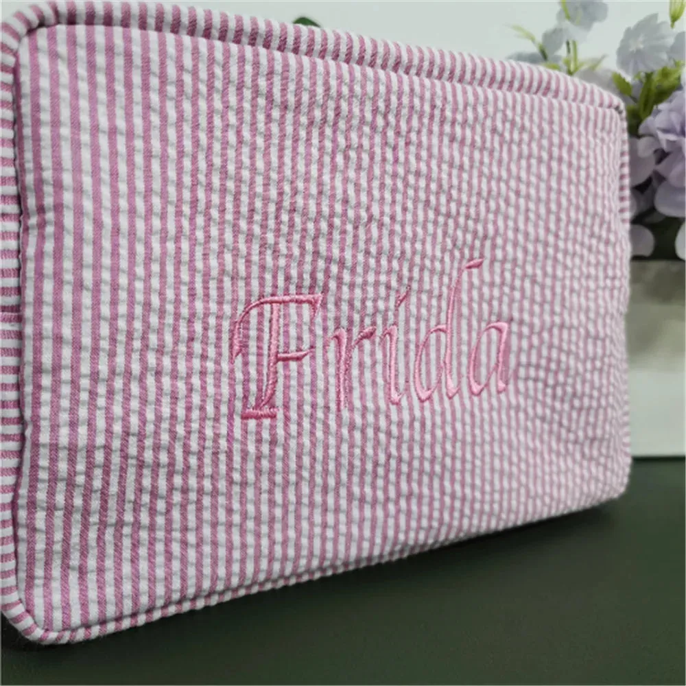 Kawaii Personalized Seersucker Makeup Bag 🎀✨ | Custom Embroidered Name | Cute Bridesmaid Gift 💖💄