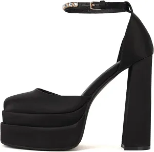 keleimusi High Heels Chunky Block Platform Heels for Women Lace-Up Square Toe Party Wedding Pumps Sandals Black