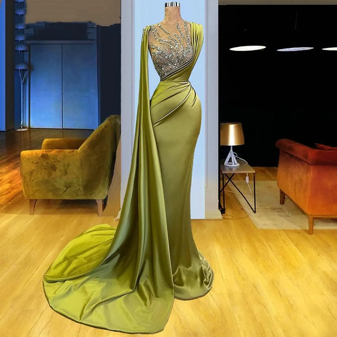 Keting Yellow Satin Crystals Mermaid Prom Evening Shower Party Dress Celebrity Pageant Gown