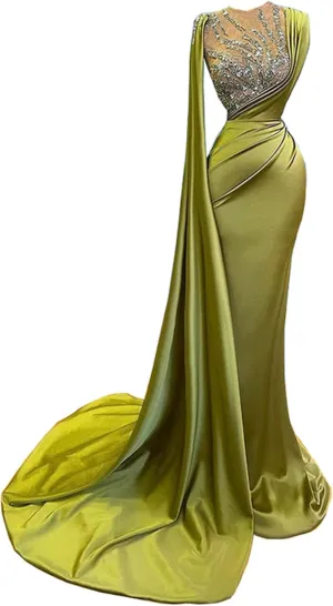 Keting Yellow Satin Crystals Mermaid Prom Evening Shower Party Dress Celebrity Pageant Gown