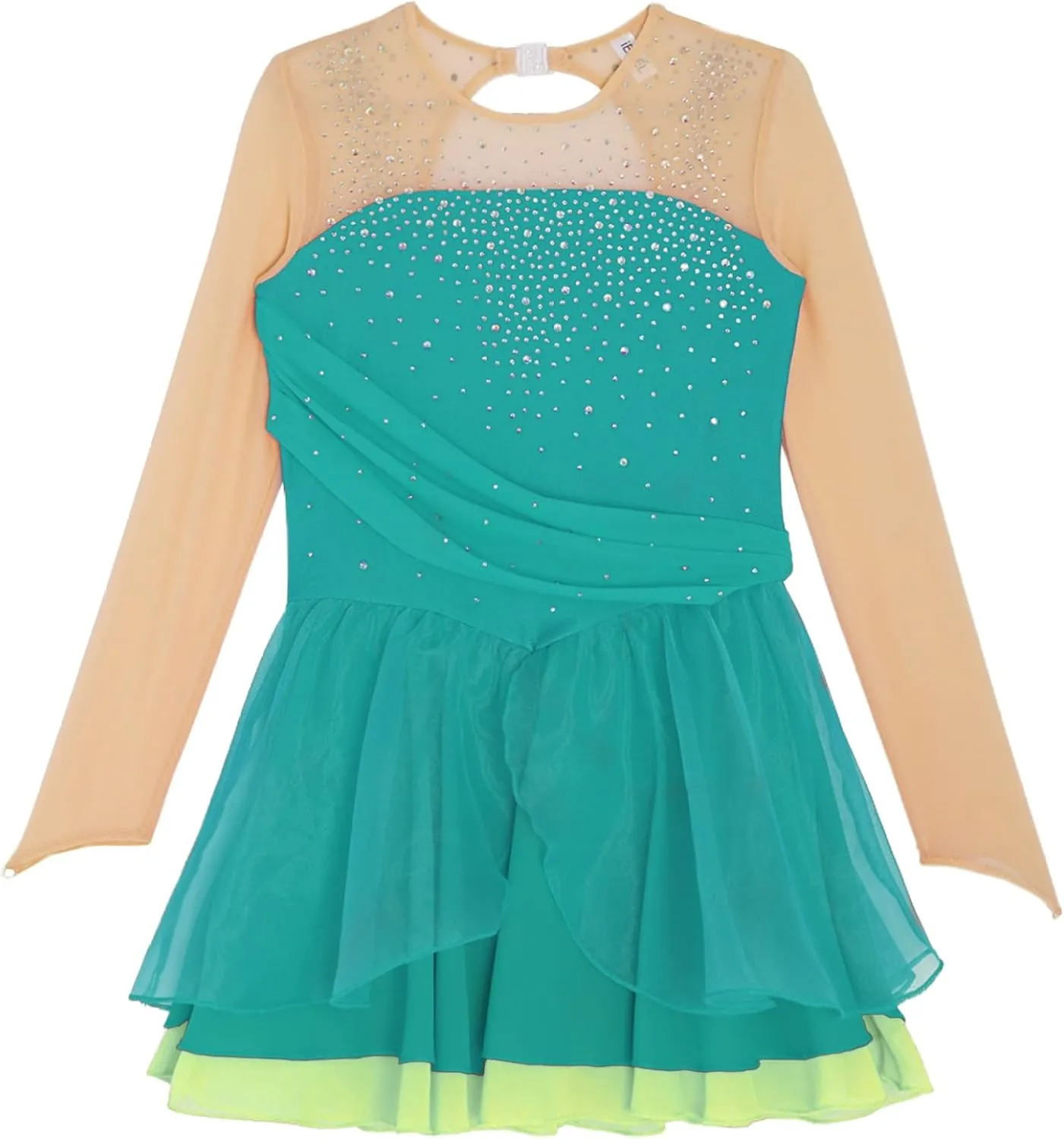 Kids Girls Ice Figure Skating Dress Ballet Dance Leotard Shinny Long Sleeve Tutu Skirt Lyrical Dancewear