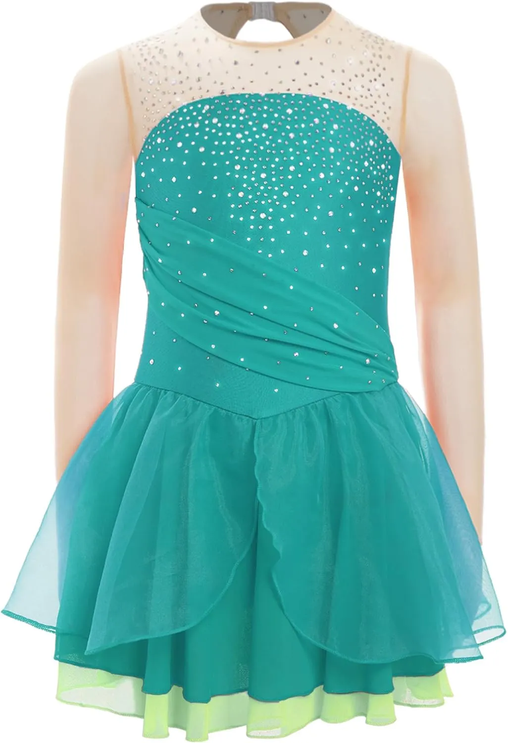 Kids Girls Ice Figure Skating Dress Ballet Dance Leotard Shinny Long Sleeve Tutu Skirt Lyrical Dancewear