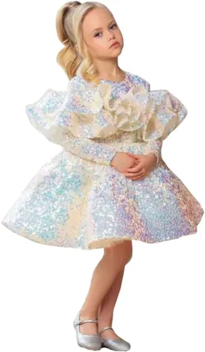 Kids Little Girls' Dress Sequin Wedding Performance Ruched Sparkle Rainbow Knee-Length Long Sleeve Princess Sweet Dresses