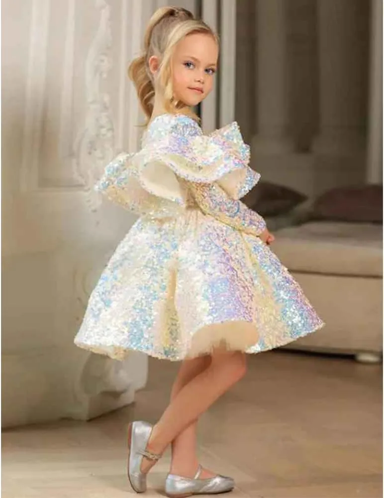 Kids Little Girls' Dress Sequin Wedding Performance Ruched Sparkle Rainbow Knee-Length Long Sleeve Princess Sweet Dresses