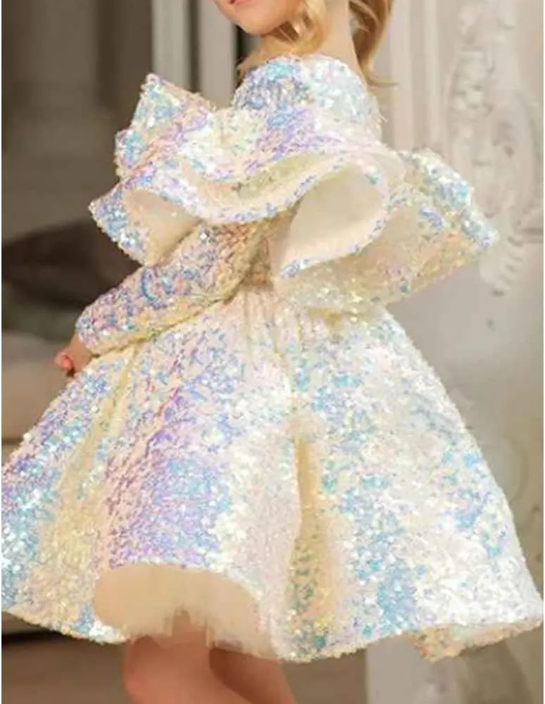 Kids Little Girls' Dress Sequin Wedding Performance Ruched Sparkle Rainbow Knee-Length Long Sleeve Princess Sweet Dresses