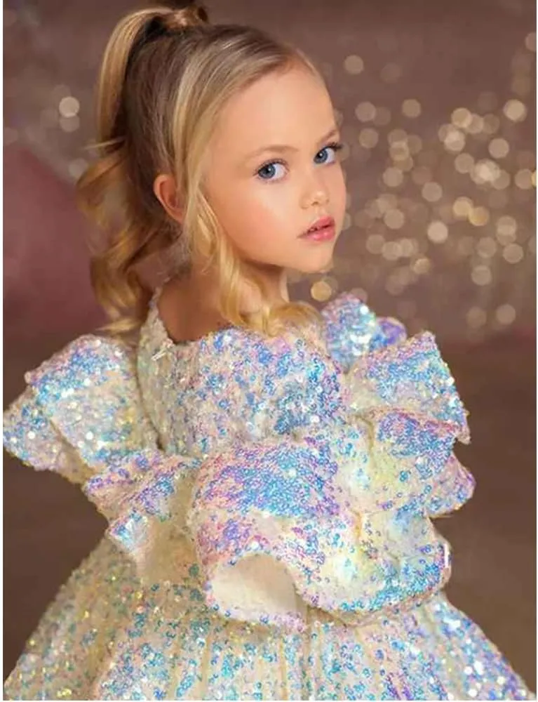 Kids Little Girls' Dress Sequin Wedding Performance Ruched Sparkle Rainbow Knee-Length Long Sleeve Princess Sweet Dresses