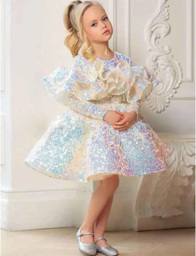 Kids Little Girls' Dress Sequin Wedding Performance Ruched Sparkle Rainbow Knee-Length Long Sleeve Princess Sweet Dresses