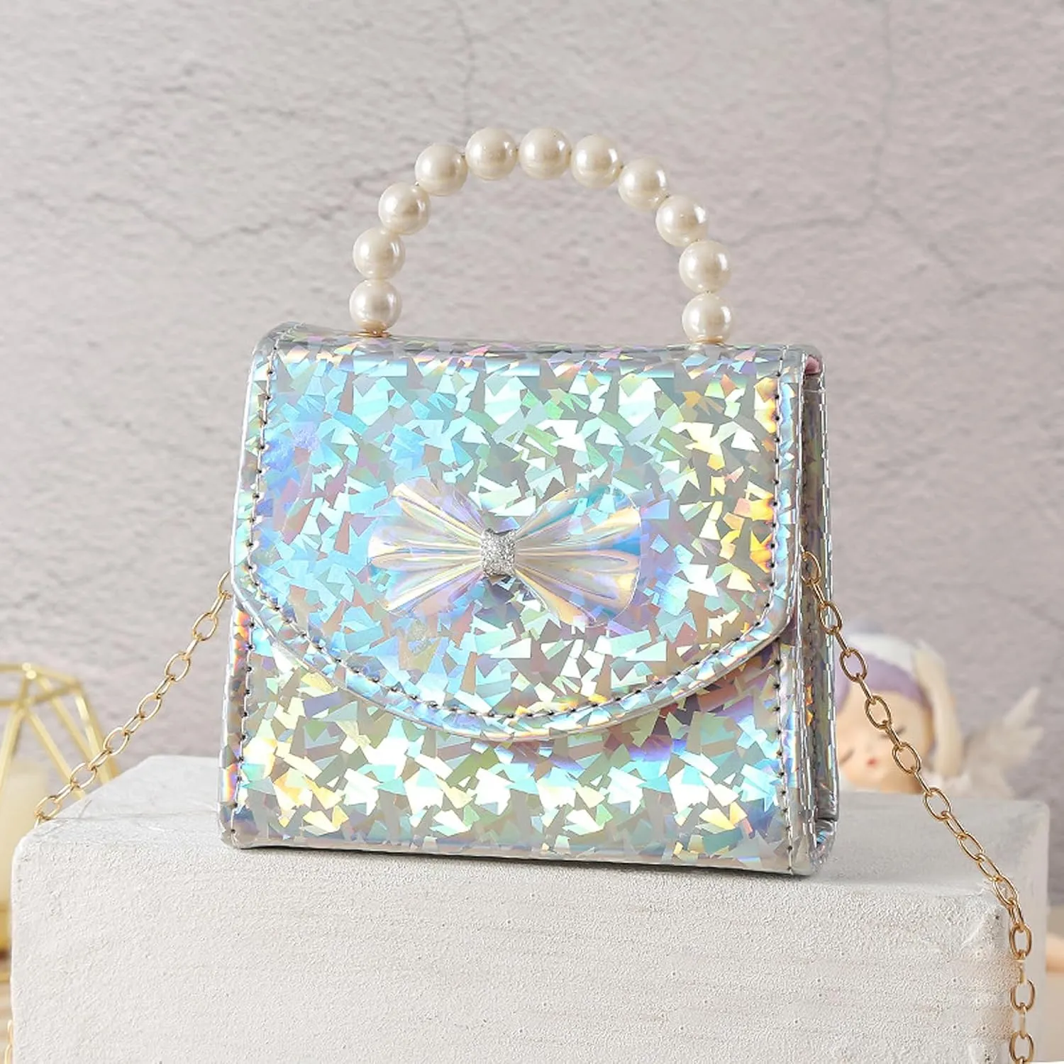 Kids Mini Purse for Little Girls Holographic Leather Crossbody Purses Cute Pearl Top Handle Shoulder Bag Wallet