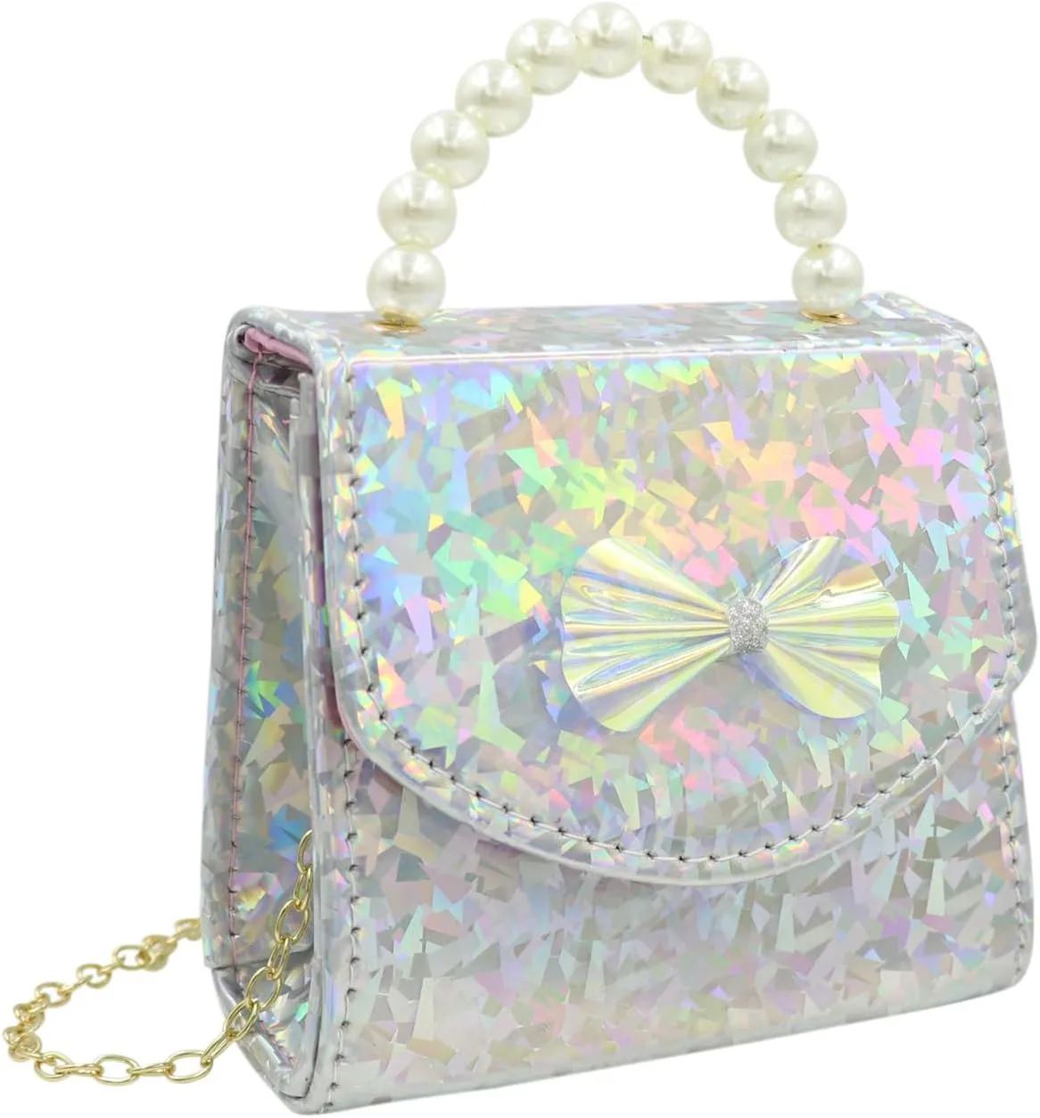 Kids Mini Purse for Little Girls Holographic Leather Crossbody Purses Cute Pearl Top Handle Shoulder Bag Wallet