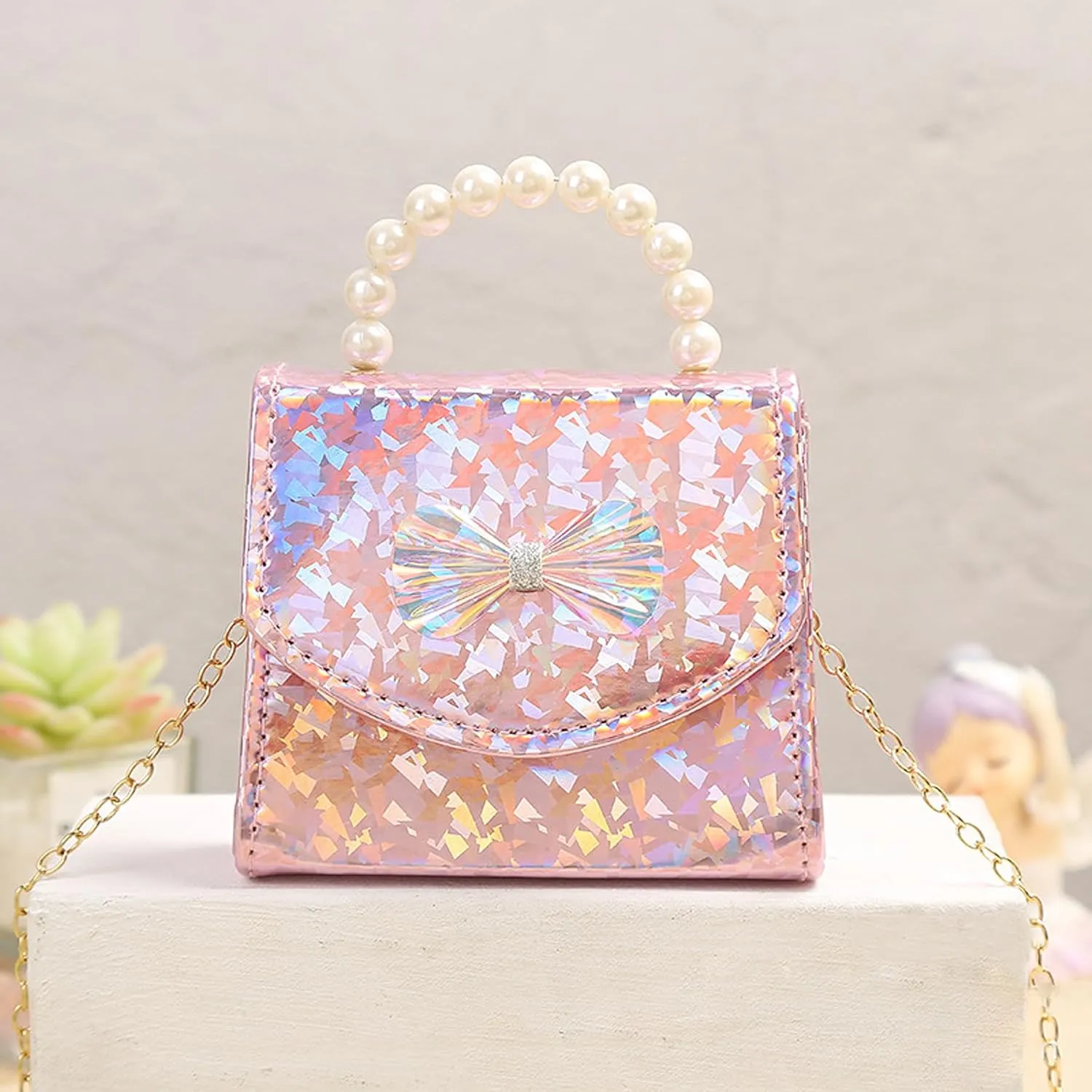 Kids Mini Purse for Little Girls Holographic Leather Crossbody Purses Cute Pearl Top Handle Shoulder Bag Wallet