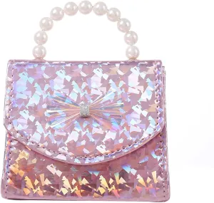 Kids Mini Purse for Little Girls Holographic Leather Crossbody Purses Cute Pearl Top Handle Shoulder Bag Wallet
