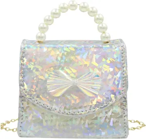 Kids Mini Purse for Little Girls Holographic Leather Crossbody Purses Cute Pearl Top Handle Shoulder Bag Wallet