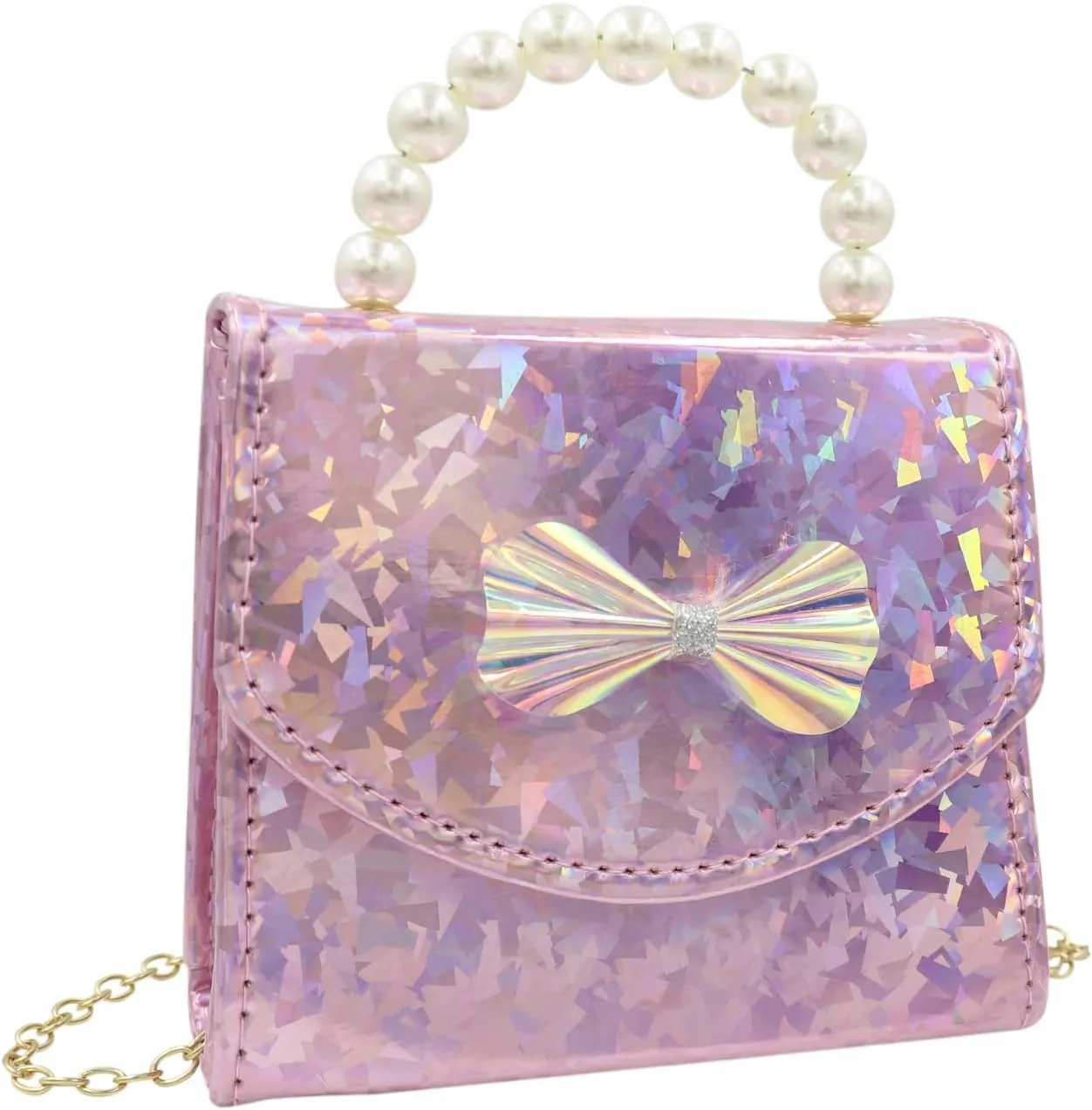 Kids Mini Purse for Little Girls Holographic Leather Crossbody Purses Cute Pearl Top Handle Shoulder Bag Wallet