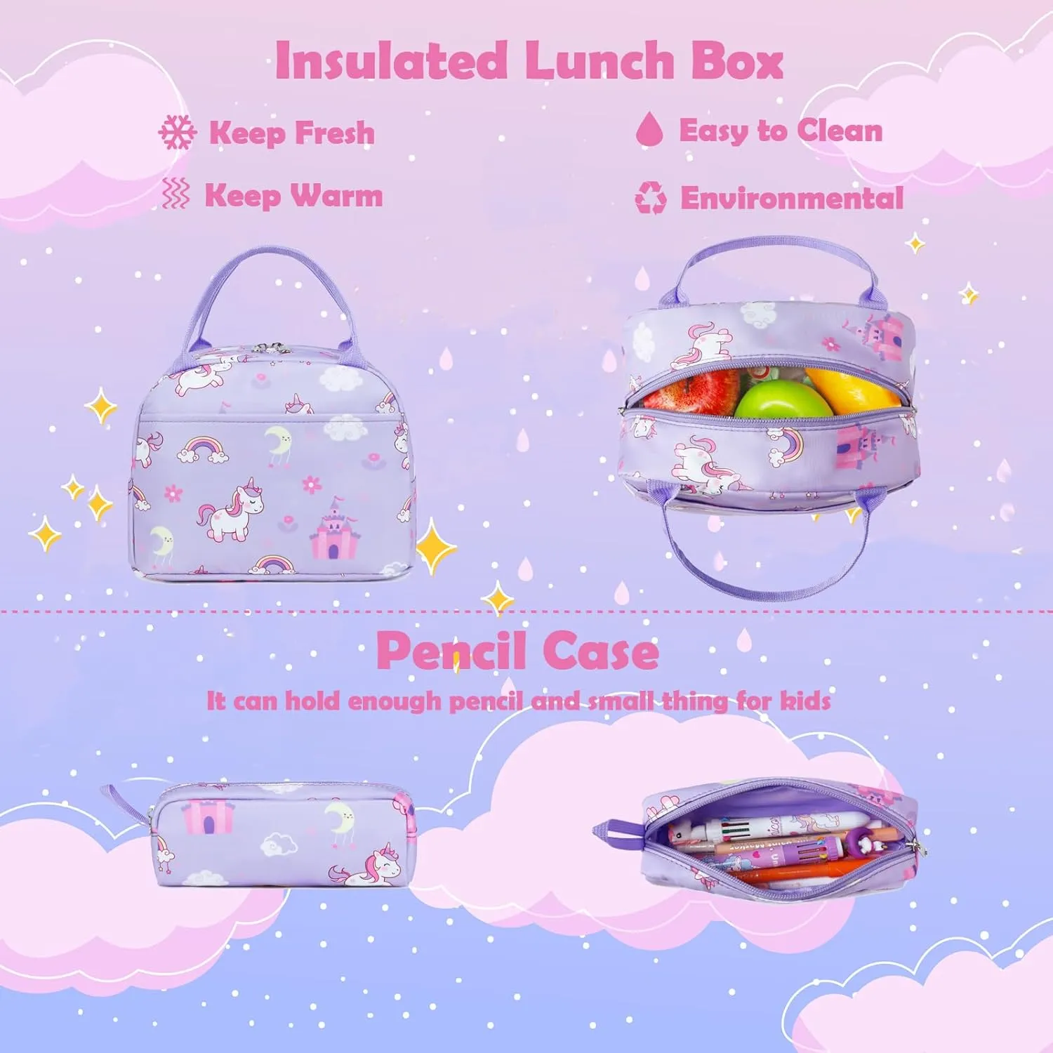 Kimwadalh Girls Backpack with Lunch Box Pencil Case for Elementary School, 3 in 1 Schoolbag with Chest Strap for School Girls